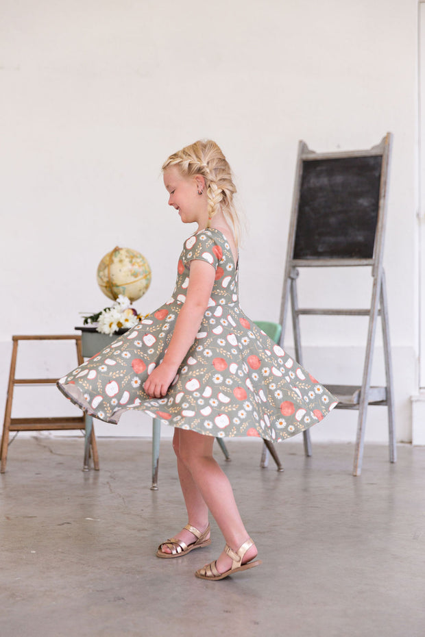 Girls Organic Cotton Apple Twirl Dress For Back To School