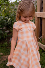 Peach Plaid Organic Cotton Twirl Dress For Fall