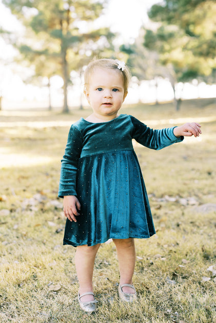 Forest Green Velvet With Gold Dot Girls Twirl Dress – Rem and Em