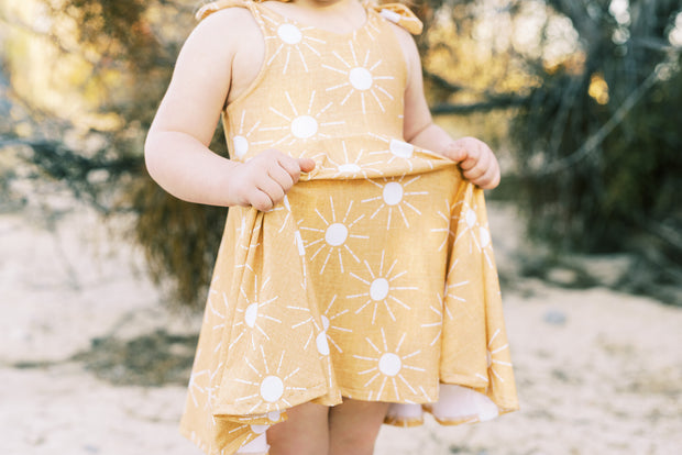 You are my sunshine toddler twirl dress in mustard