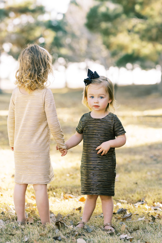 Little girls modern shift dress in metallic gold and black