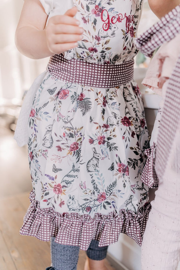 Bunnies and Floral Gingham Apron With Ruffles