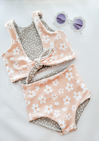 Girls Reversible Daisy Floral and Sage Green Dots Swimsuit