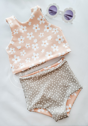 Girls Reversible Daisy Floral and Sage Green Dots Swimsuit