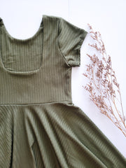 Olive Green Solid Rib Knit Twirl Dress