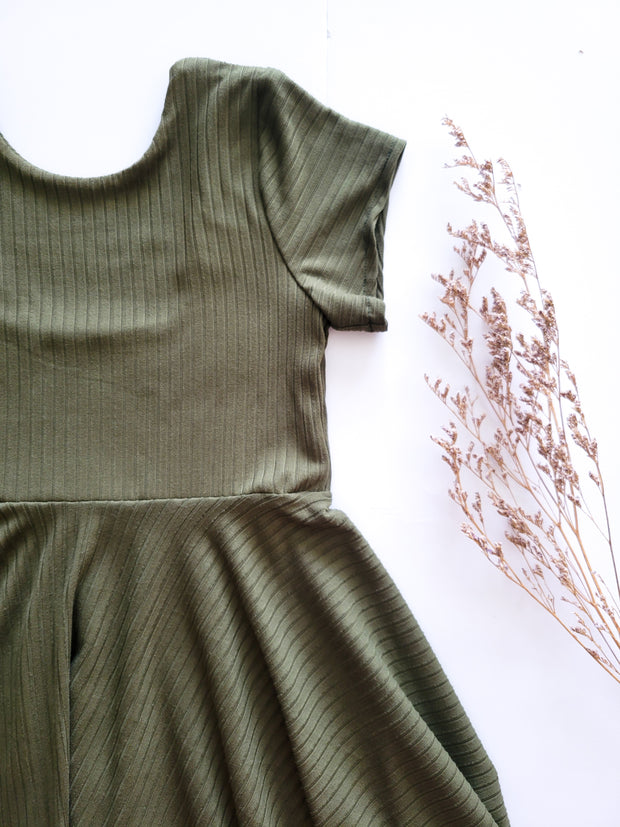 Olive Green Solid Rib Knit Twirl Dress