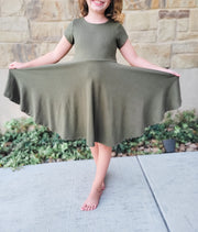 Olive Green Solid Rib Knit Twirl Dress