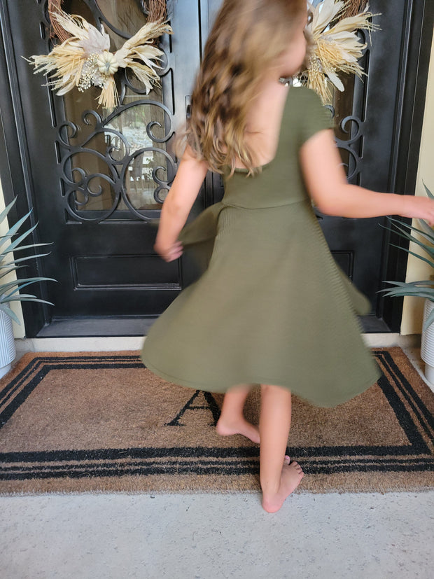 Olive Green Solid Rib Knit Twirl Dress