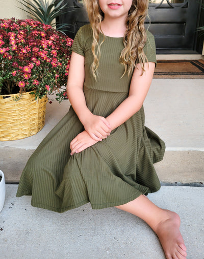 Olive Green Solid Rib Knit Twirl Dress