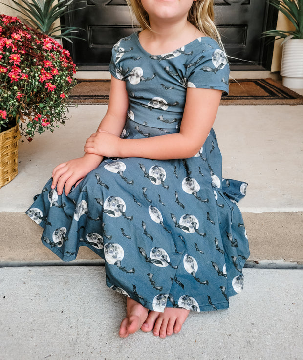 Organic Cotton Midnight Moon and Bats Twirl Dress