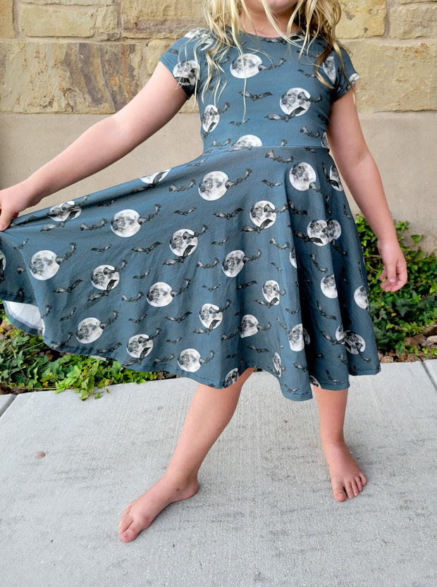 Organic Cotton Midnight Moon and Bats Twirl Dress