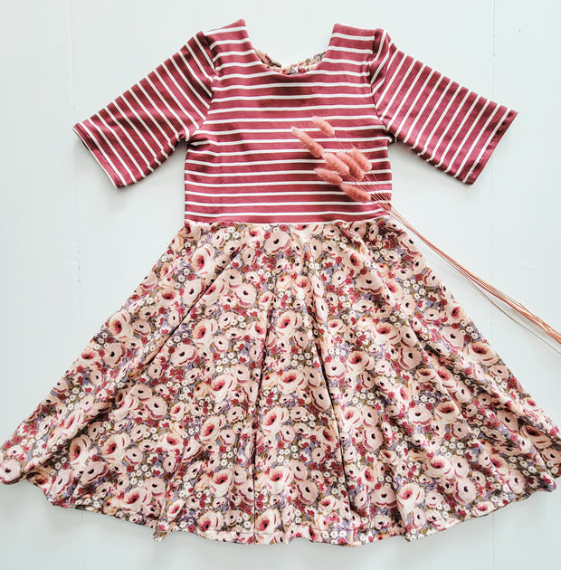 Organic Cotton Berry Stripe and Pink Floral Twirl Dress For Valentine's Day