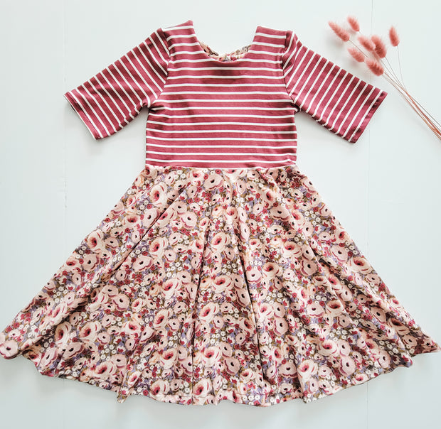 Organic Cotton Berry Stripe and Pink Floral Twirl Dress For Valentine's Day