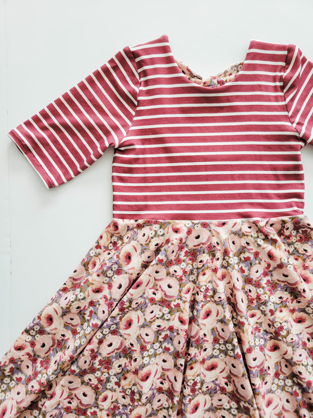 Organic Cotton Berry Stripe and Pink Floral Twirl Dress For Valentine's Day