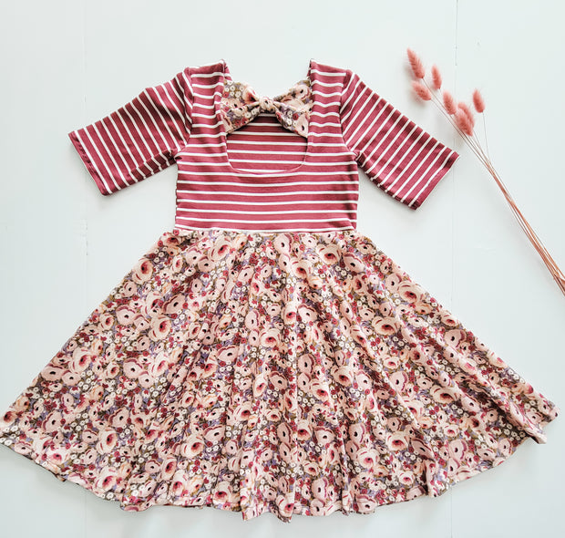 Organic Cotton Berry Stripe and Pink Floral Twirl Dress For Valentine's Day