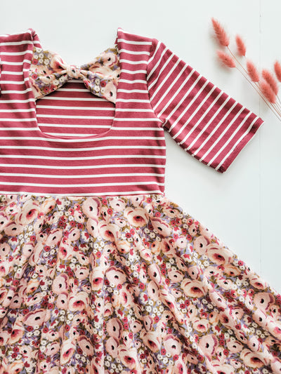 Organic Cotton Berry Stripe and Pink Floral Twirl Dress For Valentine's Day