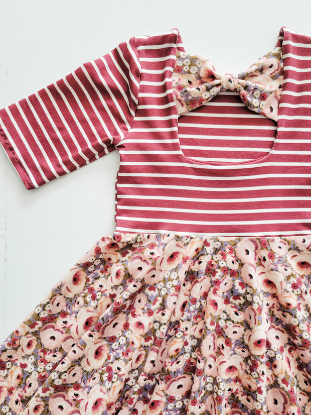 Organic Cotton Berry Stripe and Pink Floral Twirl Dress For Valentine's Day