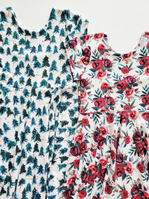 Red Watercolor Floral Christmas Twirl Dress