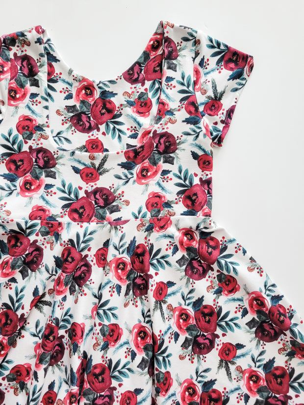 Red Watercolor Floral Christmas Twirl Dress