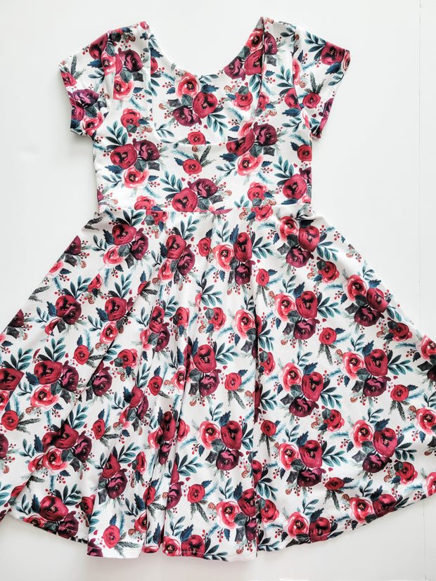 Red Watercolor Floral Christmas Twirl Dress