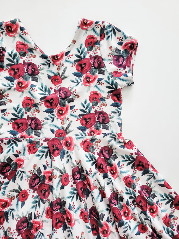 Red Watercolor Floral Christmas Twirl Dress
