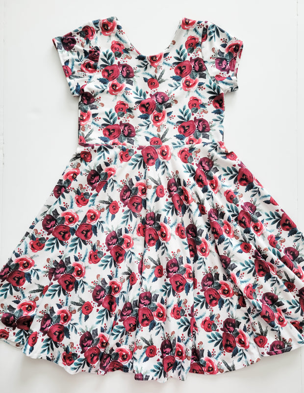 Red Watercolor Floral Christmas Twirl Dress