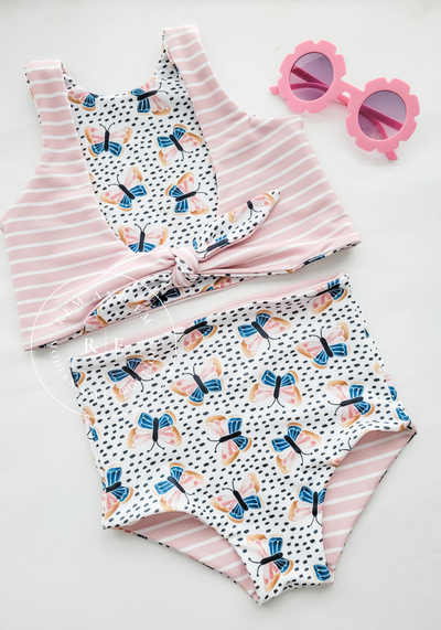 Girls Butterfly and Pink Stripe Reversible Swimsuit