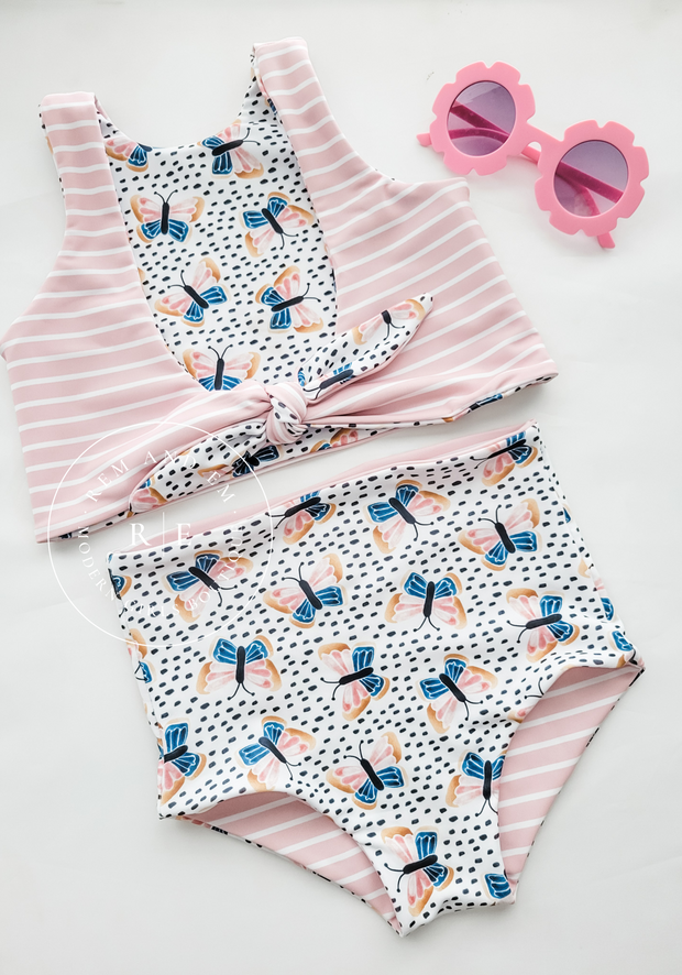 Girls Butterfly and Pink Stripe Reversible Swimsuit
