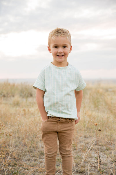 Boys Organic Cotton Dolman T-Shirt With Curved Hem in Ice Blue Gingham