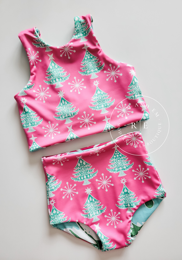 Oversized Christmas Ornaments and Pink Trees Reversible Swimsuit