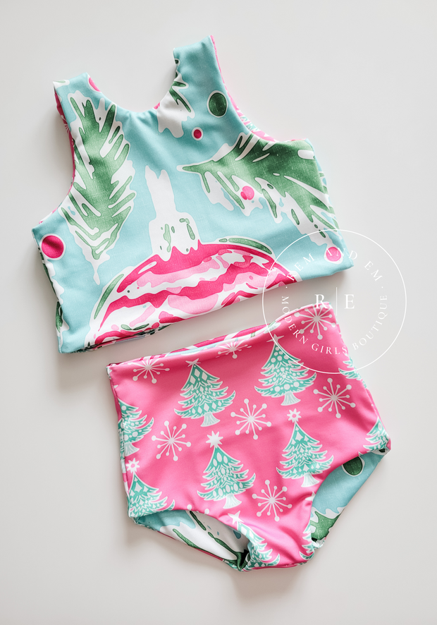 Oversized Christmas Ornaments and Pink Trees Reversible Swimsuit