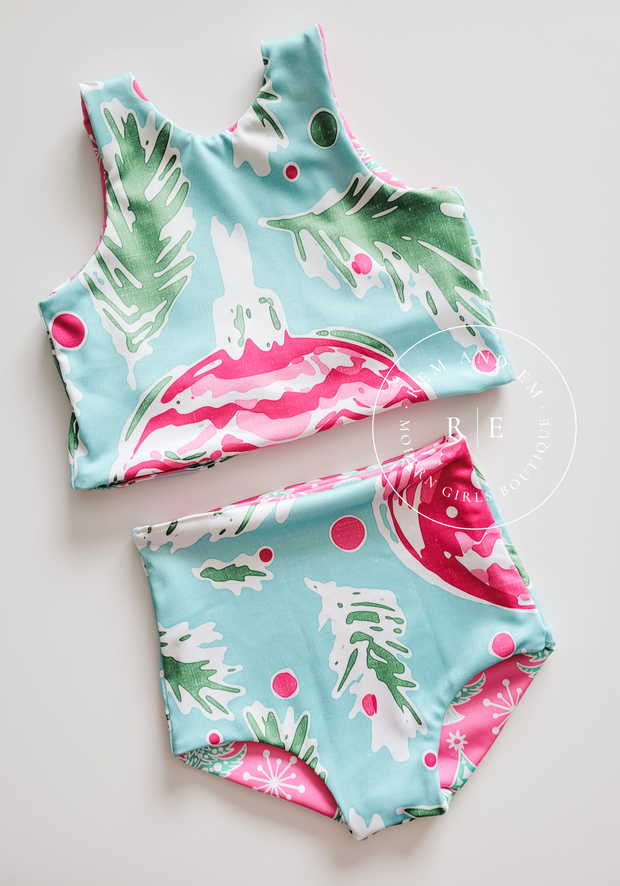 Oversized Christmas Ornaments and Pink Trees Reversible Swimsuit