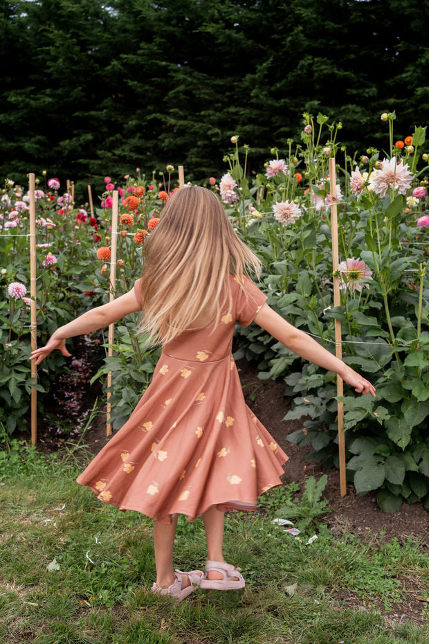 Organic Rusty Mauve and Golden Florals Twirl Dress