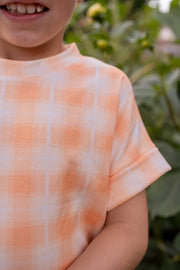 Organic Cotton Peach Plaid Boys Dolman T-Shirt With Rolled Sleeves and Curved Hem