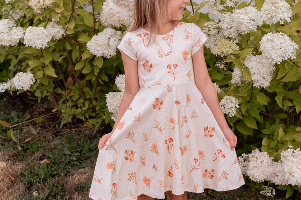 Girls Organic Cotton Peachy Wildflower Twirl Dress For Fall
