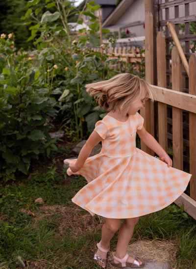 Peach Plaid Organic Cotton Twirl Dress For Fall