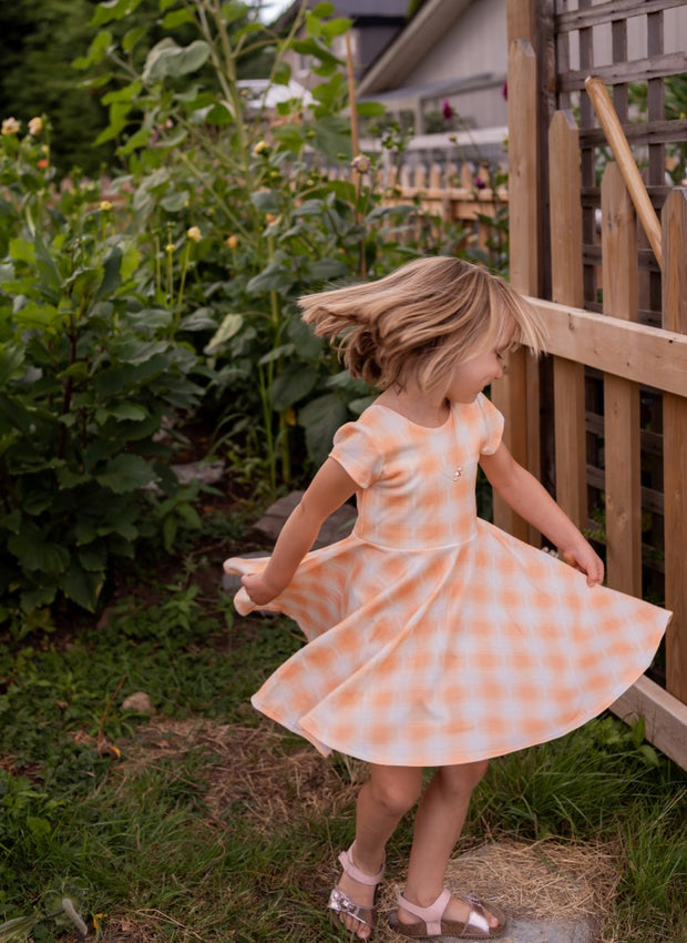 Peach Plaid Organic Cotton Twirl Dress For Fall Rem and Em Peach Plaid Organic Cotton Twirl Dress For Fall Rem and Em