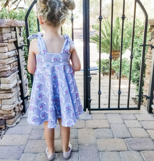 Girls Summer Twirl Dress With Pink Buses