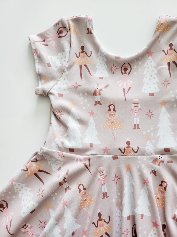 Girls neutral Nutcracker Print Twirl Dress for Christmas
