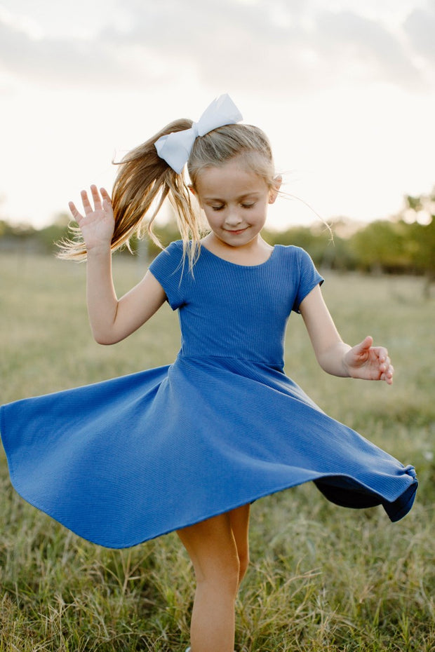 Dusty Blue Rib Knit Twirl Dress for Girls