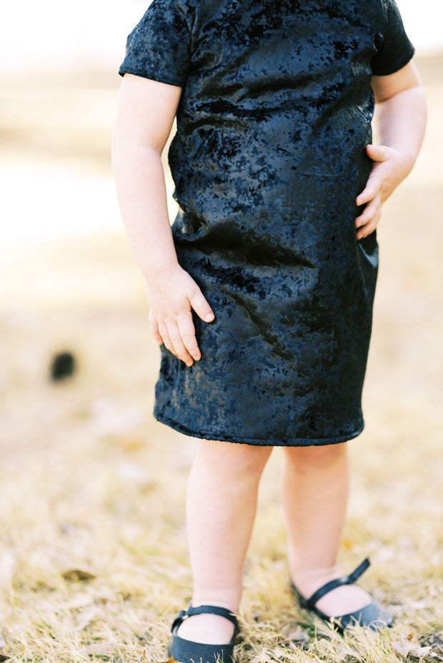 Black Foil Velvet Shift Dress For Toddlers