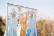Sunburst tie top twirl dresses in mint, mustard and light blue