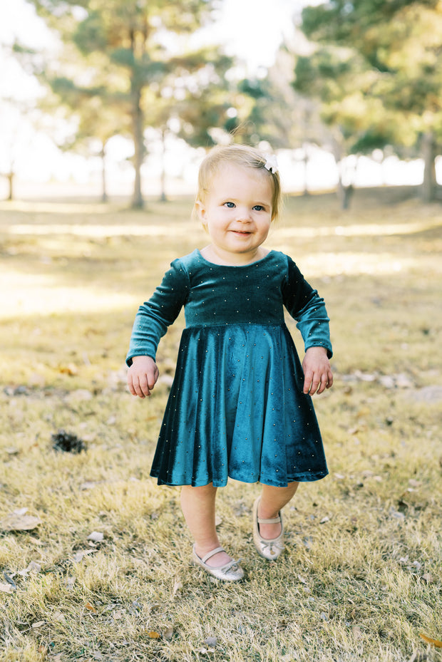 Forest Green Velvet With Gold Dot Girls Twirl Dress Rem and Em Forest Green Velvet With Gold Dot Girls Twirl Dress Rem and Em