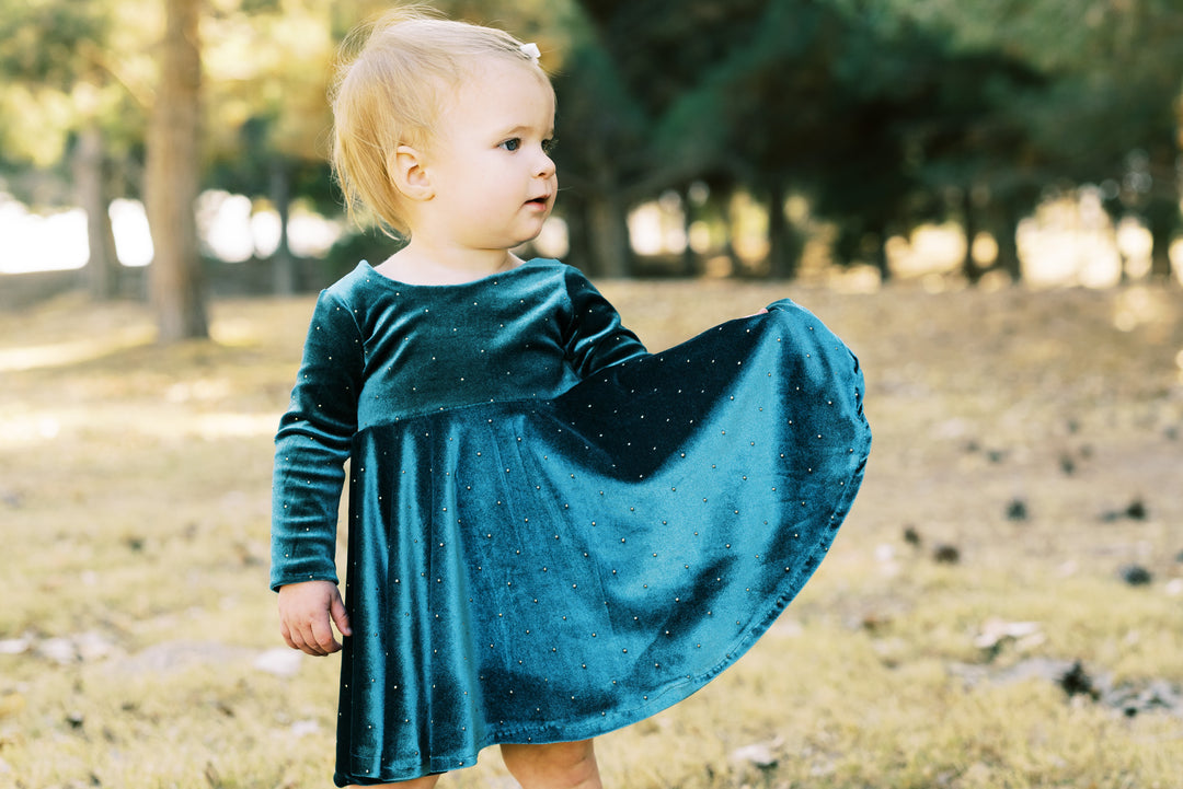 green velvet infant dress Forest Green Velvet With Gold Dot Girls Twirl Dress – Rem and Em