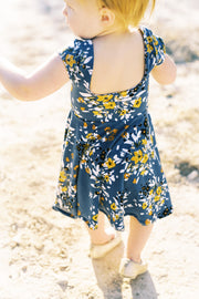 Square back toddler twirl dress in modern floral print