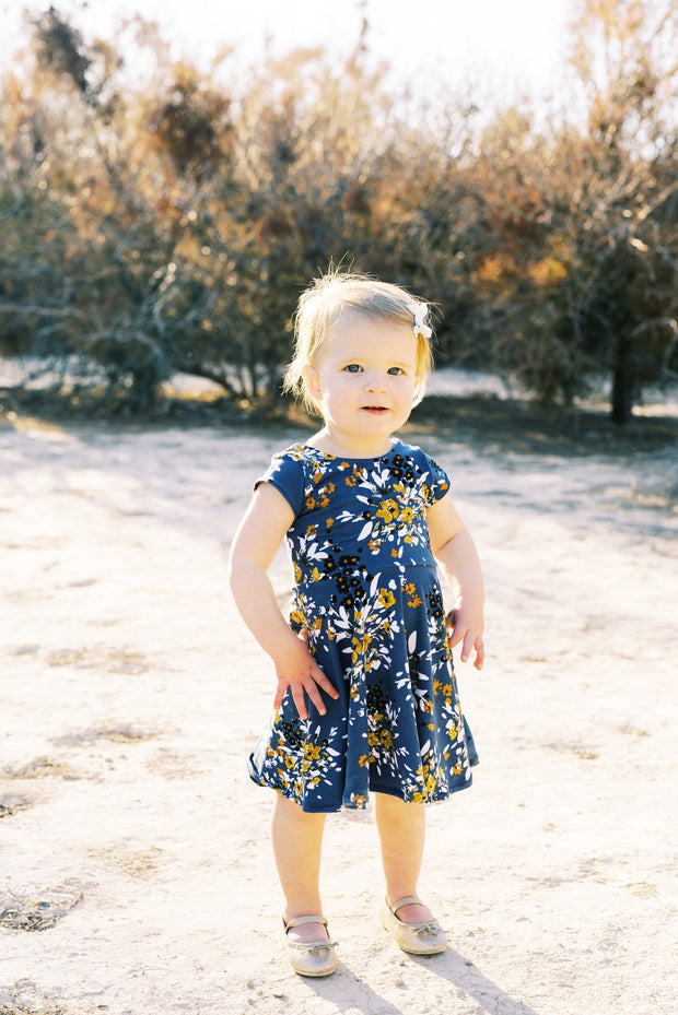 Dusty blue and mustard floral toddler dress