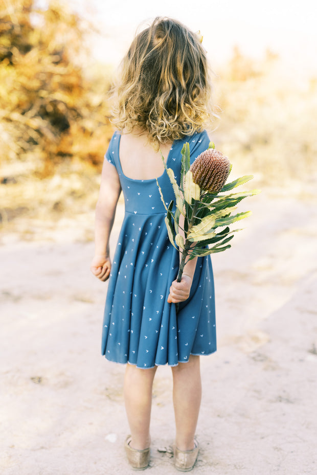 Girls Modern Hearts Twirl Dress In Dusty Blue Rem and Em Girls Modern Hearts Twirl Dress In Dusty Blue Rem and Em