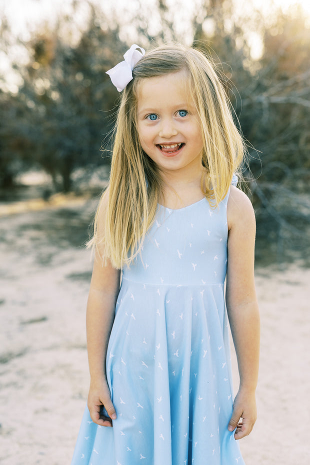 Blue Bird Tie Top Modern Girls Twirl Dress Rem and Em Blue Bird Tie Top Modern Girls Twirl Dress Rem and Em