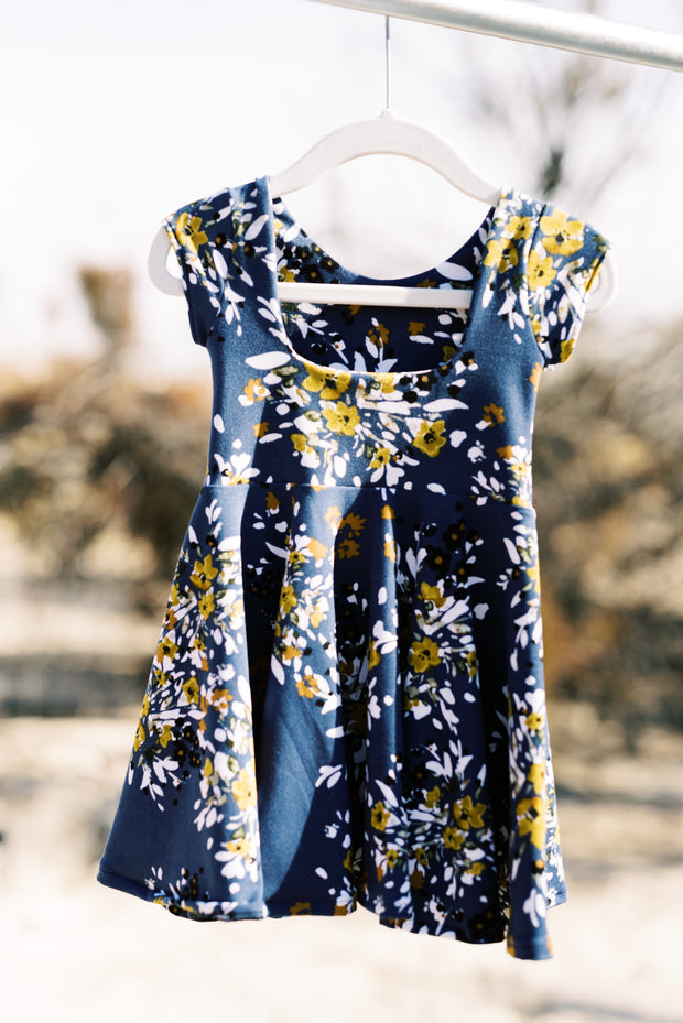 Dusty blue and mustard modern floral girls dress