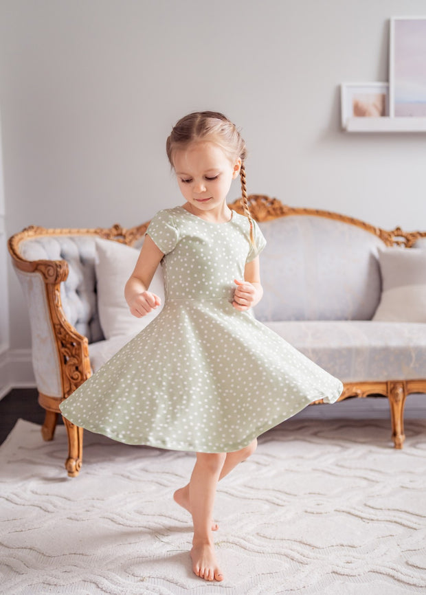 Organic Cotton Sage Green Polka Dot Twirl Dress For Spring Rem and Em Organic Cotton Sage Green Polka Dot Twirl Dress For Spring Rem and Em